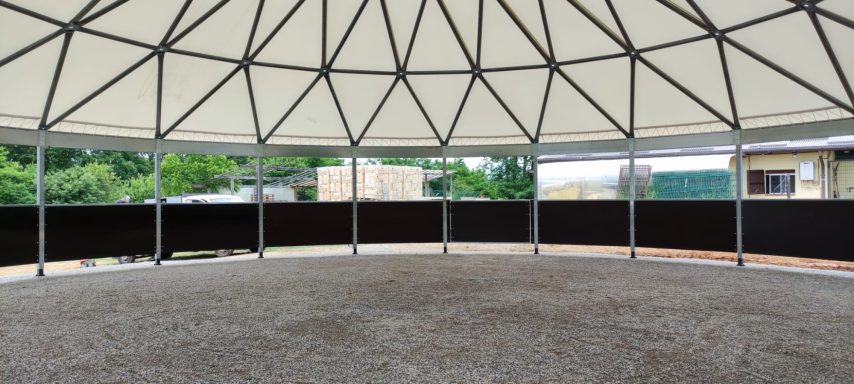 In der Longierhalle Leerer, runder Raum mit grauem Boden und halbtransparentem Dach.